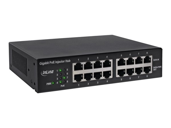 INTOS ELECTRONIC INLINE PoE+ Gigabit Netzwerk Injektor Hub 8 Port (8x PoE+), 1GBit/s, 19" (Winkel enthalten)