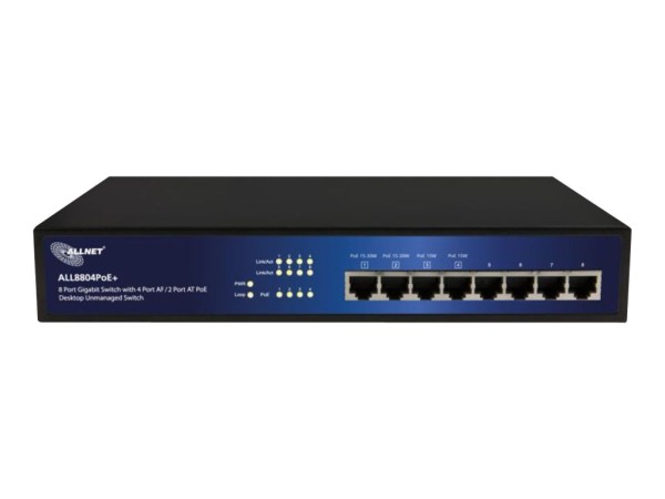 ALLNET ALLNET Switch unmanaged 8 port Gigabit HPoE, 2x PoE+ oder 4x PoE, lüfterlos, internes Netzteil, 19""