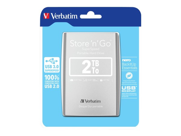 2TB VERBATIM Hard Drive Store 'n' Go USB 3.0 Portable 2,5'' External Silver 53189