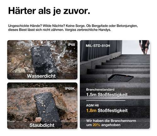 AGM by beafon H6 Outdoor Smartphone 4G 4G, ohne Netzteil IP68/IP69K/MIL-STD AGM_H6_EU002B