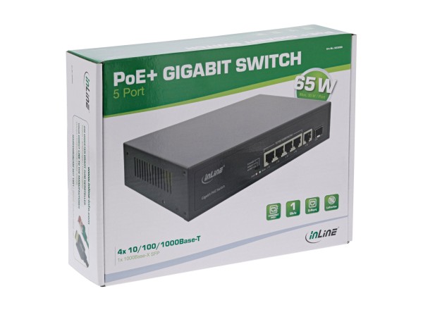 INTOS ELECTRONIC INTOS ELECTRONIC InLine® PoE+ Gigabit Netzwerk Switch 5 Port (4x PoE+), 1xSFP, 1Gb/s, Desktop, Metal