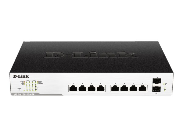 D-LINK D-LINK DGS 1100-10MPP - Switch - Smart - 8 x 10/100/1000 (PoE+) + 2 x Gigabit SFP - Desktop, an Rack