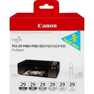 Canon PGI-29 MBK/PBK/DGY/GY/LGY/CO Multipack - Tintenpatrone Original - Schwarz, Matt- / PhotoSchwarz - 36 ml