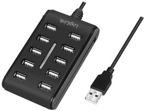 LogiLink USB 2.0 Hub, 10 Port, mit Ein-/Ausschalter, schwarz