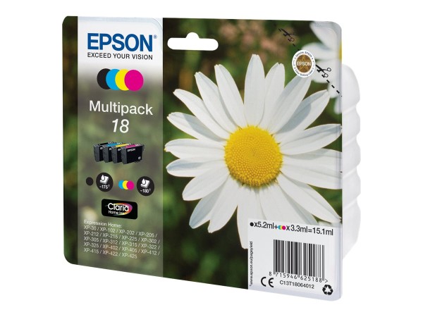 EPSON 18 Multipack 4er Pack Schwarz, Gelb, Cyan, Magenta Tintenpatrone C13T18064012