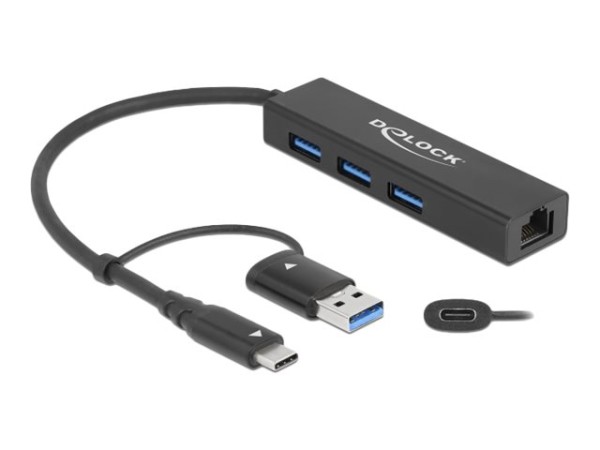 DELOCK 3 Port USB 3.2 Gen 1 Hub + Gigabit LAN mit USB Type-C oder USB Typ-A 64149