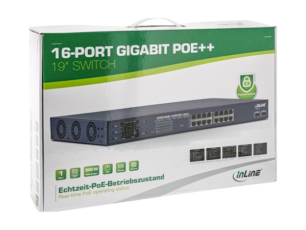 INTOS ELECTRONIC INLINE PoE++ Gigabit Netzwerk Switch 16 Port, 1Gb/s, 2xSFP, 19" 1HE, Metall, Lüfte