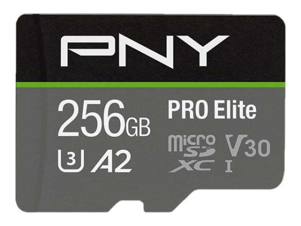 PNY Micro SD Card PRO Elite 256GB XC Class 10 UHS-I U3 A2 V30 + SD adapter P-SDU256V32100PRO-GE