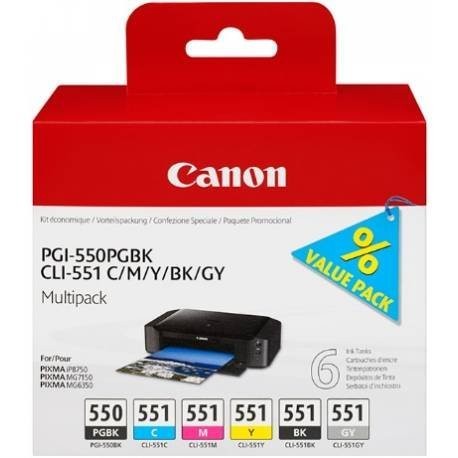 Canon PGI-550/CLI-551 PGBK/C/M/Y/BK/GY Multi Pack - Tintenpatrone Original - Schwarz - 15 ml