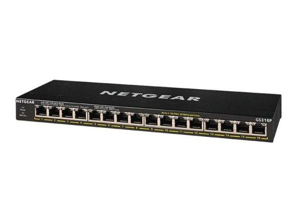 NETGEAR NETGEAR GS316P unmngd 16port Gigabit Ethern PoE+Switch, 115W PoE+bdgt, fanless, plug/play, expnd PoE