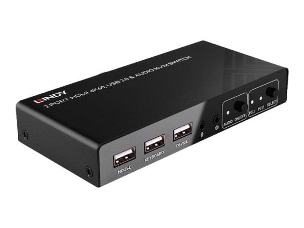 LINDY 2 Port KVM Switch HDMI 4K60, USB 2.0 & Audio 32809