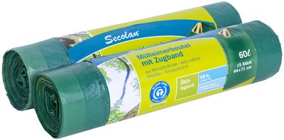 Secolan Mülleimerbeutel, mit Zugband, grün, 60 Liter