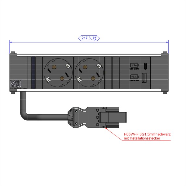 BACHMANN CONI 2x Schutzkontakt 1xUSB A/C 22W, schwarz 912.233