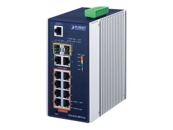 PLANET TECHNOLOGY PLANET Industrial 8-Port 10/100/1000T 802.3at PoE + 2-Por IGS-4215-8P2T2S