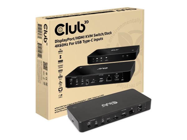 CLUB3D CLUB3D KVM Switch 4K60Hz 2x USB-C> HDMI/DP/3xUSB/2xUSB-C/LAN retail