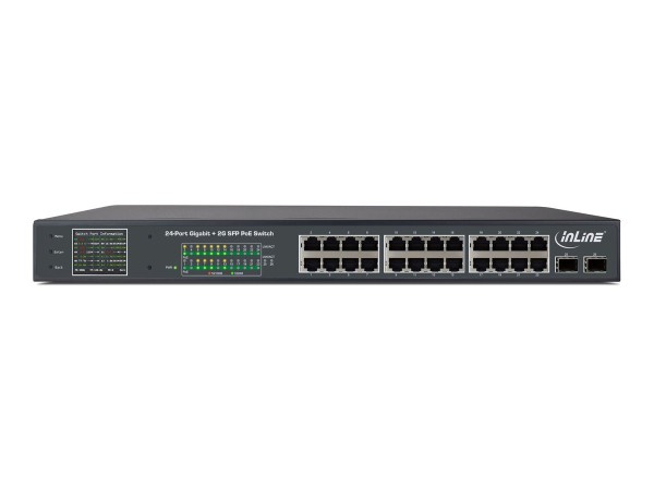 INTOS ELECTRONIC INLINE PoE+ Gigabit Netzwerk Switch 24 Port, 1GBit/s, 2xSFP, 19" (Winkel enthalten)