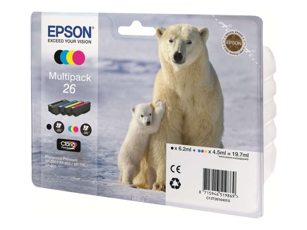 EPSON 26 Multipack 4er Pack Schwarz, Gelb, Cyan, Magenta Tintenpatrone C13T26164010