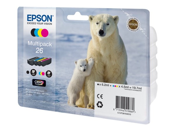 EPSON 26 Multipack 4er Pack Schwarz, Gelb, Cyan, Magenta Tintenpatrone C13T26164010