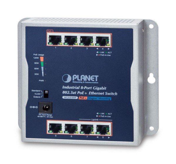 PLANET TECHNOLOGY PLANET TECHNOLOGY Planet WGS-818HP Industrial 8-Port 10/100/1000T Wall-mounted Gigabit PoE+ Switch