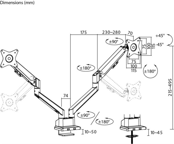WENTRONIC WENTRONIC Doppel-Monitorhalterung mit Gasdruckfeder (schwarz, für 2 Monitore von 17" - 32")