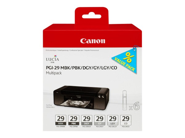 CANON CANON PGI 29 MBK/PBK/DGY/GY/LGY/CO Multipack 6er Pack Grau, Hellgrau, Dunkelgrau, mattschwarz, Photo