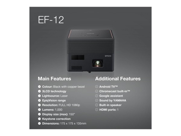 EPSON EPSON EF-12 3LCD Mini laser Projector 1080p 1920x1080 1000 Lumen 2500000:1 Contrast (P)