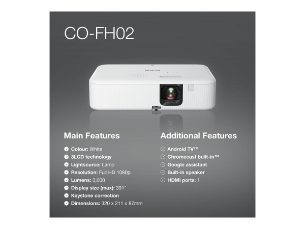 EPSON EPSON CO-FH02 Heimkino Beamer 3000 Lumen (Full-HD, HDMI, USB, WLAN, Android TV, Lautsprecher)