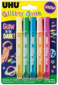 UHU Glitzerkleber Glitter Glue "GLOW IN THE DARK", 5 x 10 ml