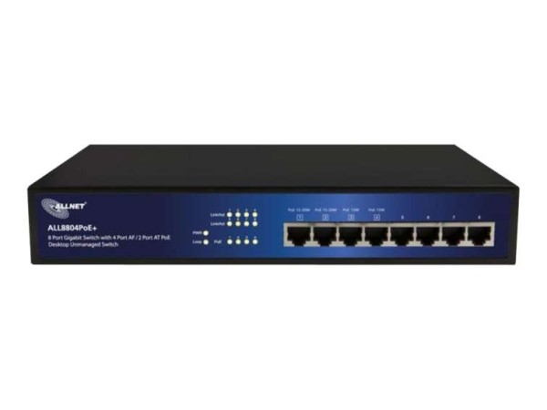 ALLNET Switch unmanaged 8 port Gigabit HPoE, 2x PoE+ oder 4x PoE, lüfterlos ALL8804POE+