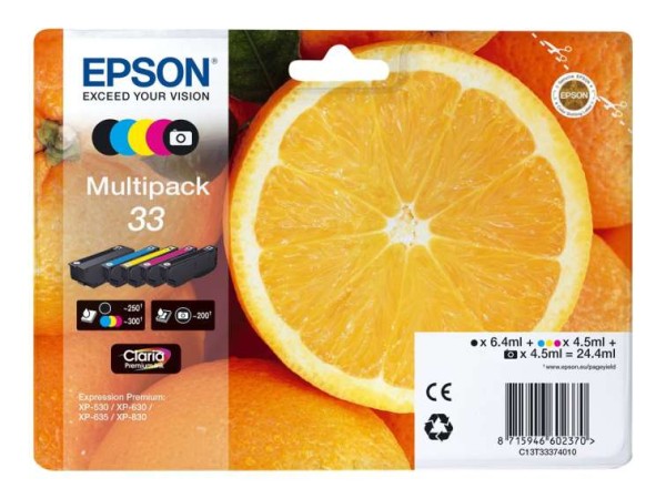 EPSON 33 Multipack 5er Pack Schwarz, Gelb, Cyan, Magenta, Photo schwarz Tin C13T33374021