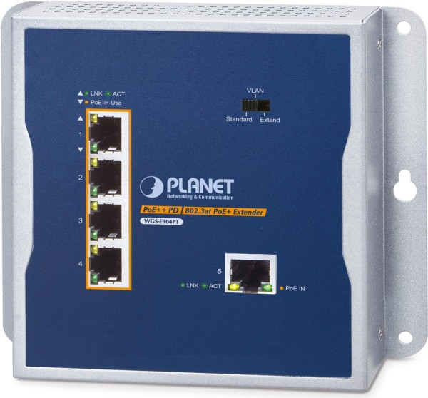PLANET TECHNOLOGY PLANET TECHNOLOGY Planet WGS-E304PT Industrial PoE+ Wall-mounted Extender 1-Port PoE++ to 4-Port