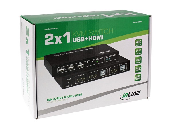 INTOS ELECTRONIC INLINE 62602I KVM Desktop Switch 2-fach HDMI 4K2K USB 2.0 Hub mit Audio