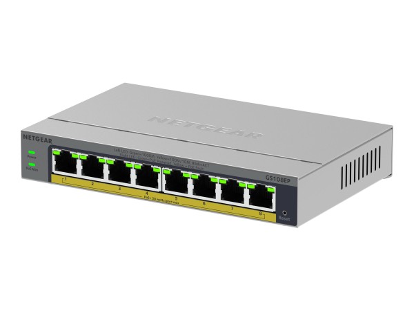 NETGEAR NETGEAR GS108EP 8-Port Gigabit Ethernet PoE+ Plus Switch, PoE Budget 62 W, lüfterlos, Metallgehäuse
