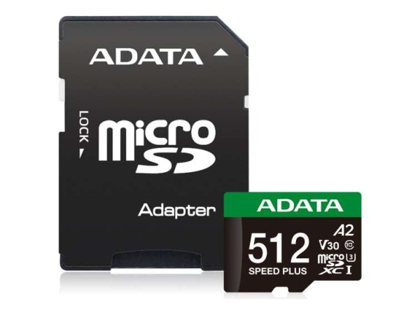 ADATA microSD 512GB Speed Plus UHS-I U3 + Adapter UD512GUI3V30A2SP-RA1