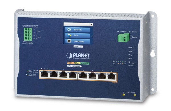 PLANET TECHNOLOGY PLANET TECHNOLOGY Planet Industrial L2+ 8-Port GB Flat  802.3bt PoE + 2-Port SFP Wall-mount Switch