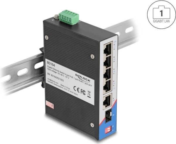 DELOCK DELOCK Industrie Gigabit Ethernet Switch 4 Port PoE 1 Port RJ45 1 Port SFP für Hutschiene