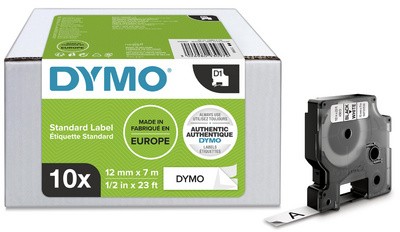 DYMO D1 Schriftbandkassette schwarz/weiß, 12 mm x 7 m, 10er