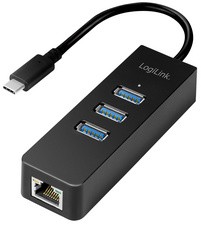 LogiLink USB 3.0 auf Gigabit Adapter, 3-Port USB Hub,schwarz