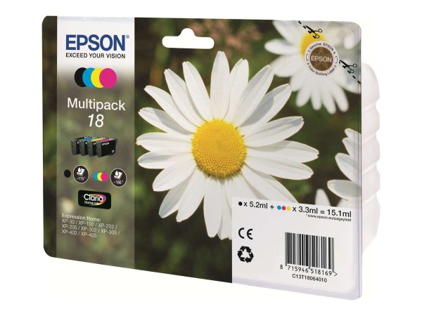 EPSON 18 Multipack 4er Pack Schwarz, Gelb, Cyan, Magenta Tintenpatrone C13T18064010