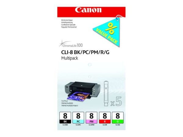 CANON CLI Value Pack 8 Multipack Schwarz, Cyan, Magenta, Rot, grün Tintenbe 0620B027