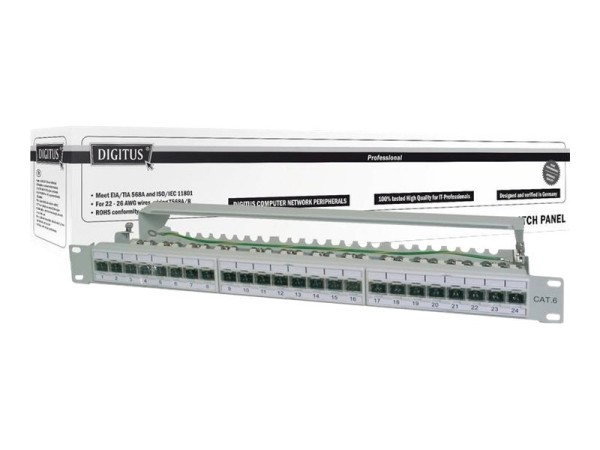 DIGITUS Patch Panel 48,3cm 19Zoll 24Port Cat6a geschirmt grau RAL7035 Kabel DN-91624S-EA