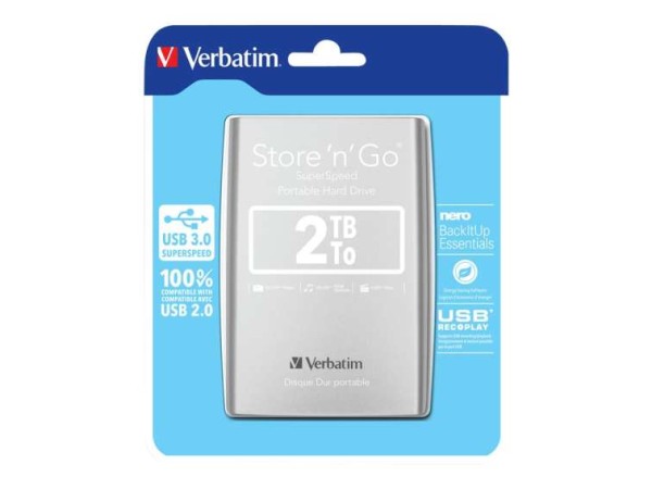 2TB VERBATIM Hard Drive Store 'n' Go USB 3.0 Portable 2,5'' External Silver 53189