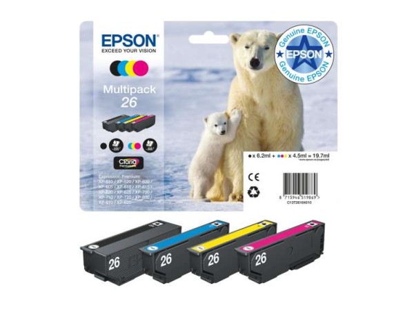 EPSON 26 Multipack 4er Pack Schwarz, Gelb, Cyan, Magenta Tintenpatrone C13T26164020