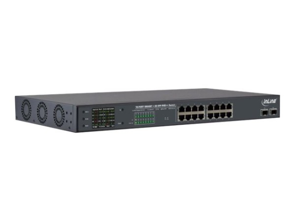 INTOS ELECTRONIC INLINE PoE++ Gigabit Netzwerk Switch 16 Port, 1Gb/s, 2xSFP, 19" 1HE, Metall, Lüfte