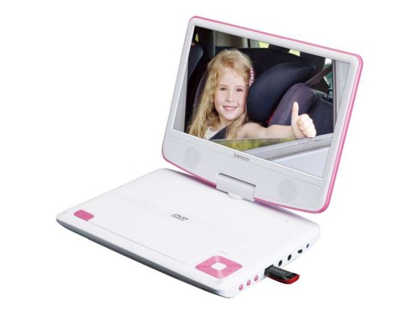 LENCO DVP-910 9" DVD-Player + USB & KfZ-Halterung. pink/wei A002773